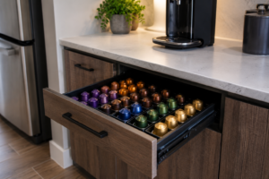 organized coffee pod drawer for kitchen storage