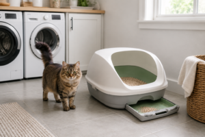 Breeze Litter System Review 2026 — Best Odor-Free Option 2 cat standing near clean litter system at home
