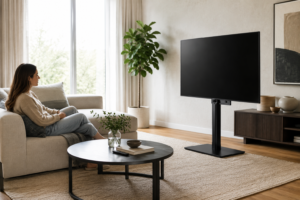 TV on swivel stand turned toward sofa